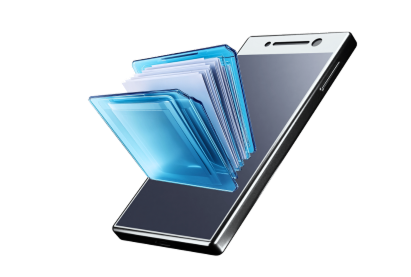 A file emerging from a smartphone, visualizing the mobile data capture capabilities of modern AI vision technology.