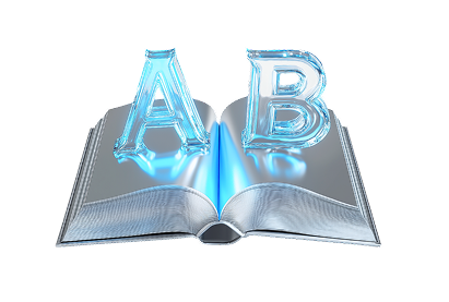 Glass letters sitting on top of a huge book, visualizing the technology of optical characters recognition.