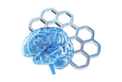 A 3D representation of human brain with complex molecular structures behind it visualizing the connection between AI and human mind.