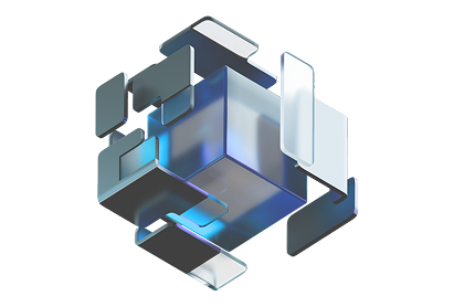 A multi-layered 3D cubical core visualizing the AI app development process.
