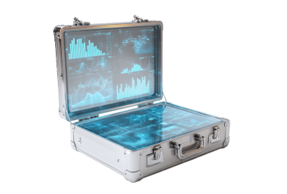 A suitcase with sci-fi graphs and dashboards visualizing comprehensive insights extracted with AI.