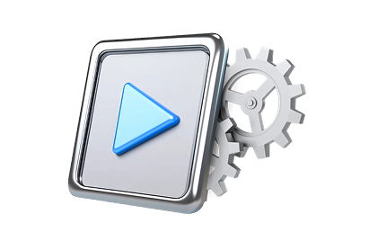 A play button with gears symbolizing modern approaches to content analysis and creation.