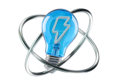 A lightbulb with an energy icon, surrounded by silver power channels.