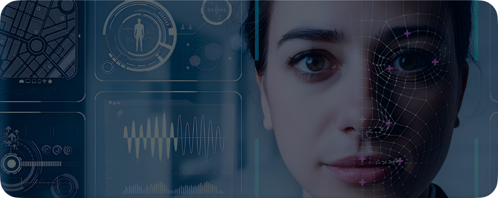 A practical demonstration of AI facial recognition technology on a woman's face.